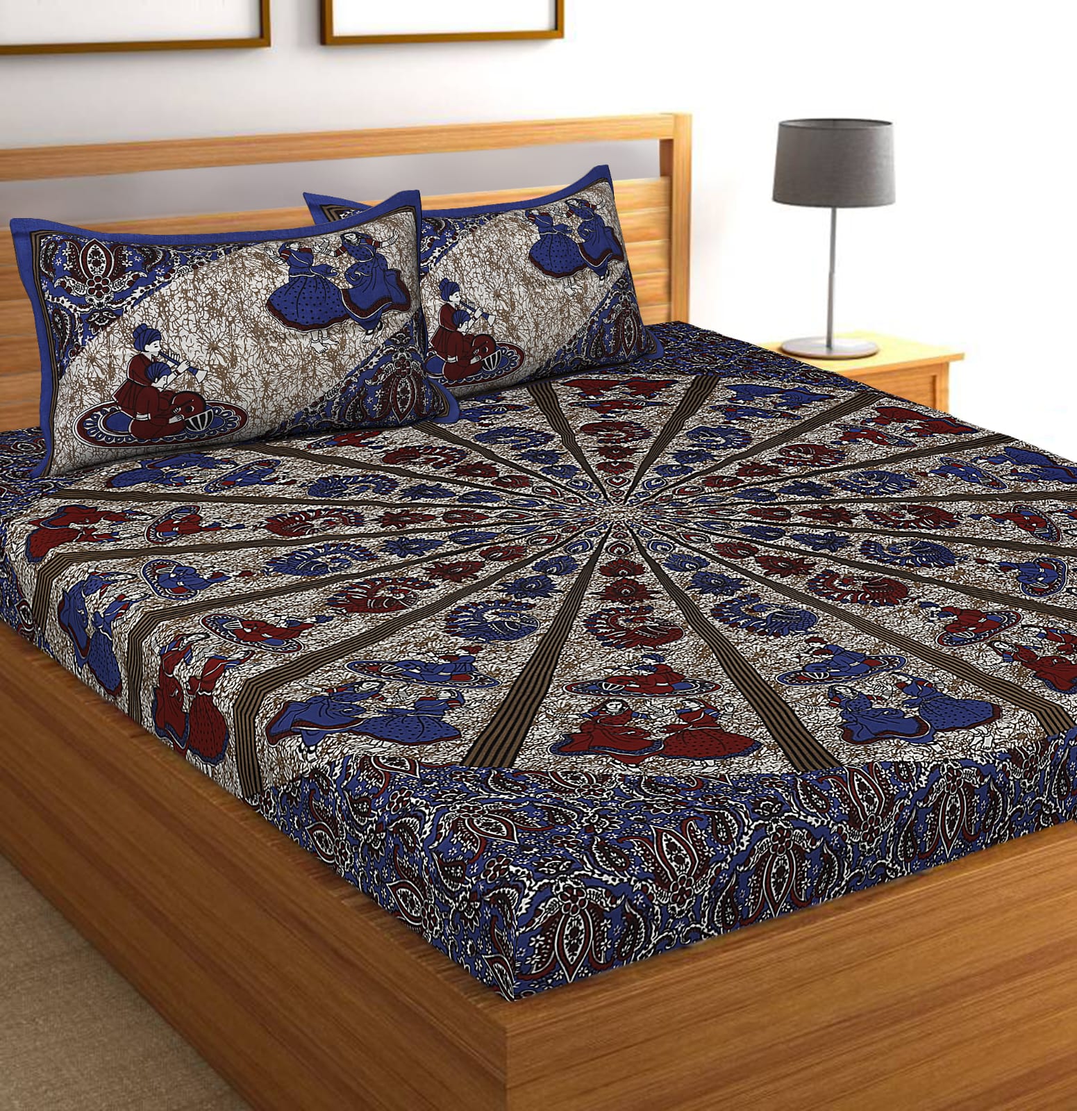 Jaipuri Screen Printed Cotton Double Bed Sheet with 2 Pillow Covers – 90x100 Size