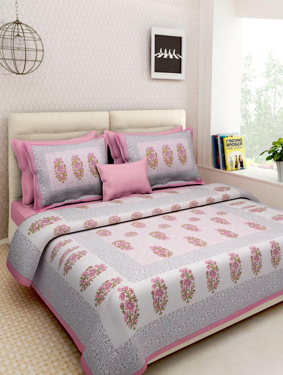 Jaipuri Screen Printed Cotton Double Bed Sheet with 2 Pillow Covers – 90x100 Size