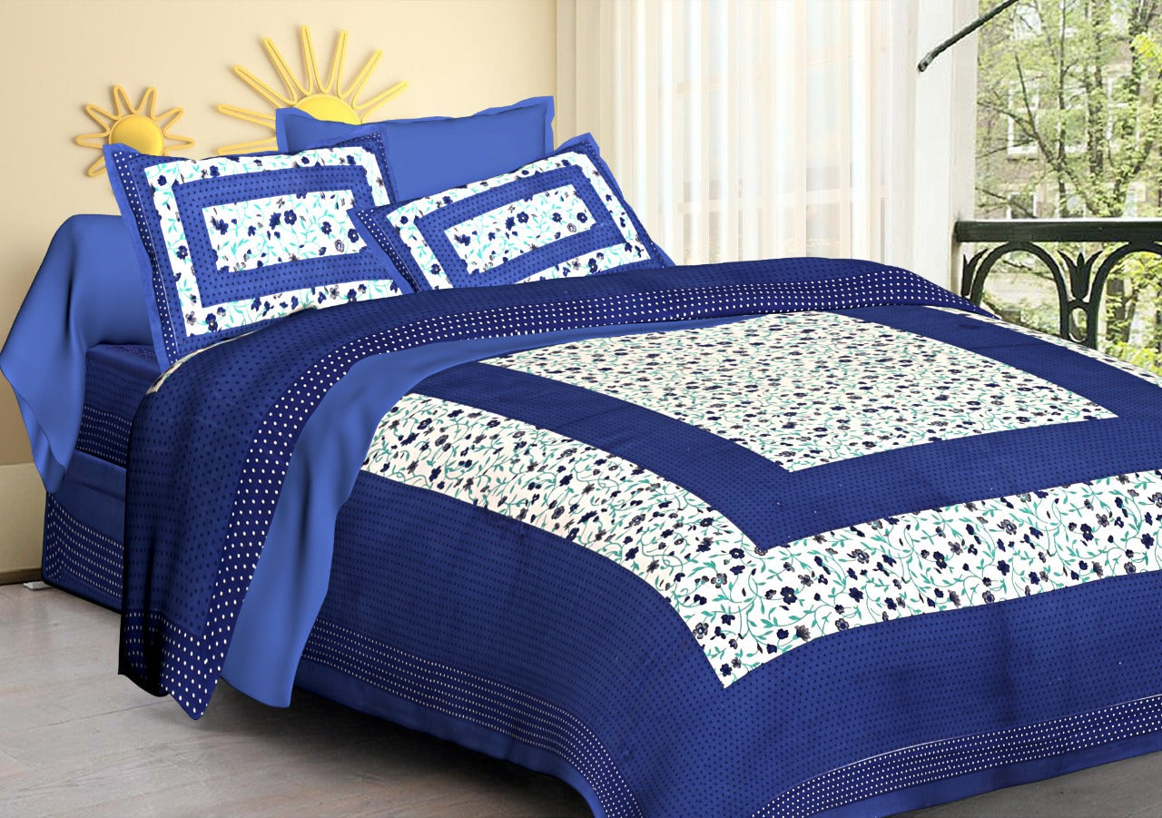 Jaipuri Screen Printed Cotton Double Bed Sheet with 2 Pillow Covers – 90x100 Size