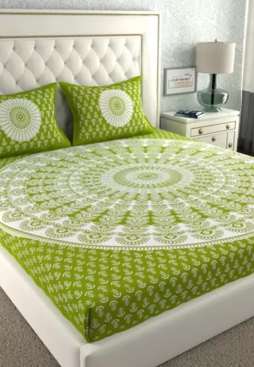 Jaipuri Screen Printed Cotton Double Bed Sheet with 2 Pillow Covers – 90x100 Size