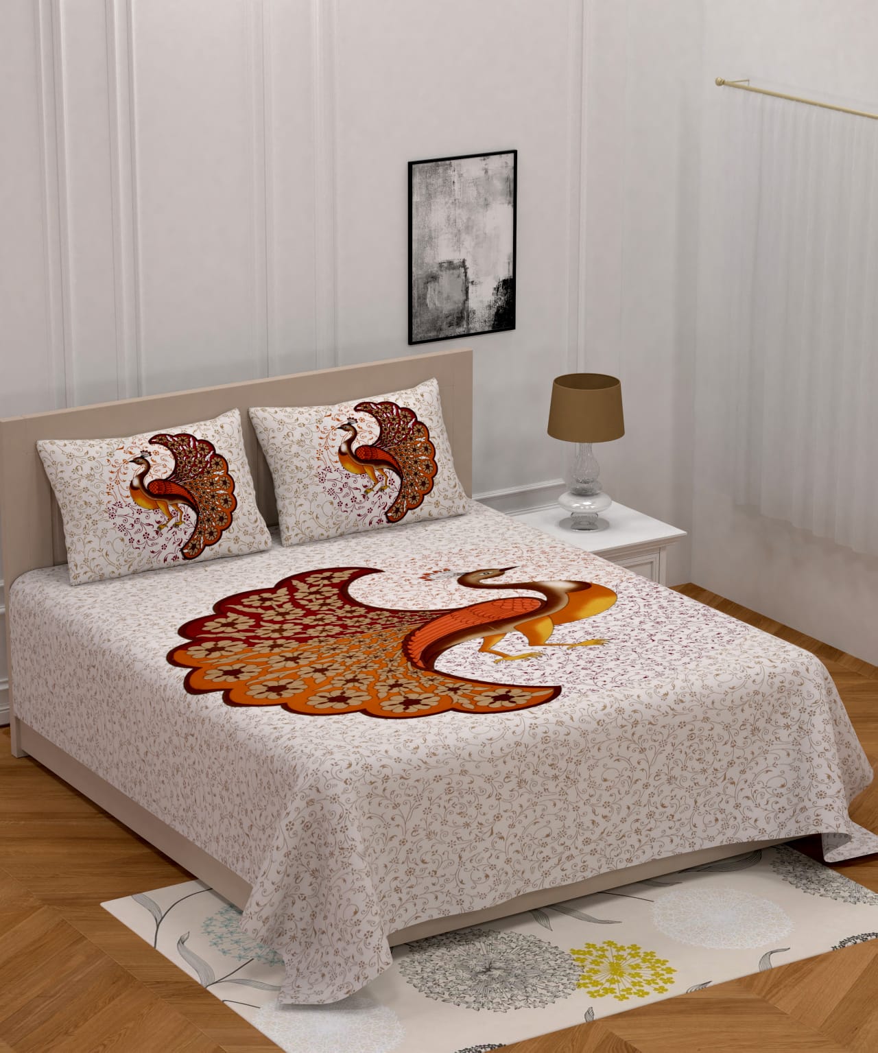 Jaipuri Screen Printed Cotton Double Bed Sheet with 2 Pillow Covers – 90x100 Size