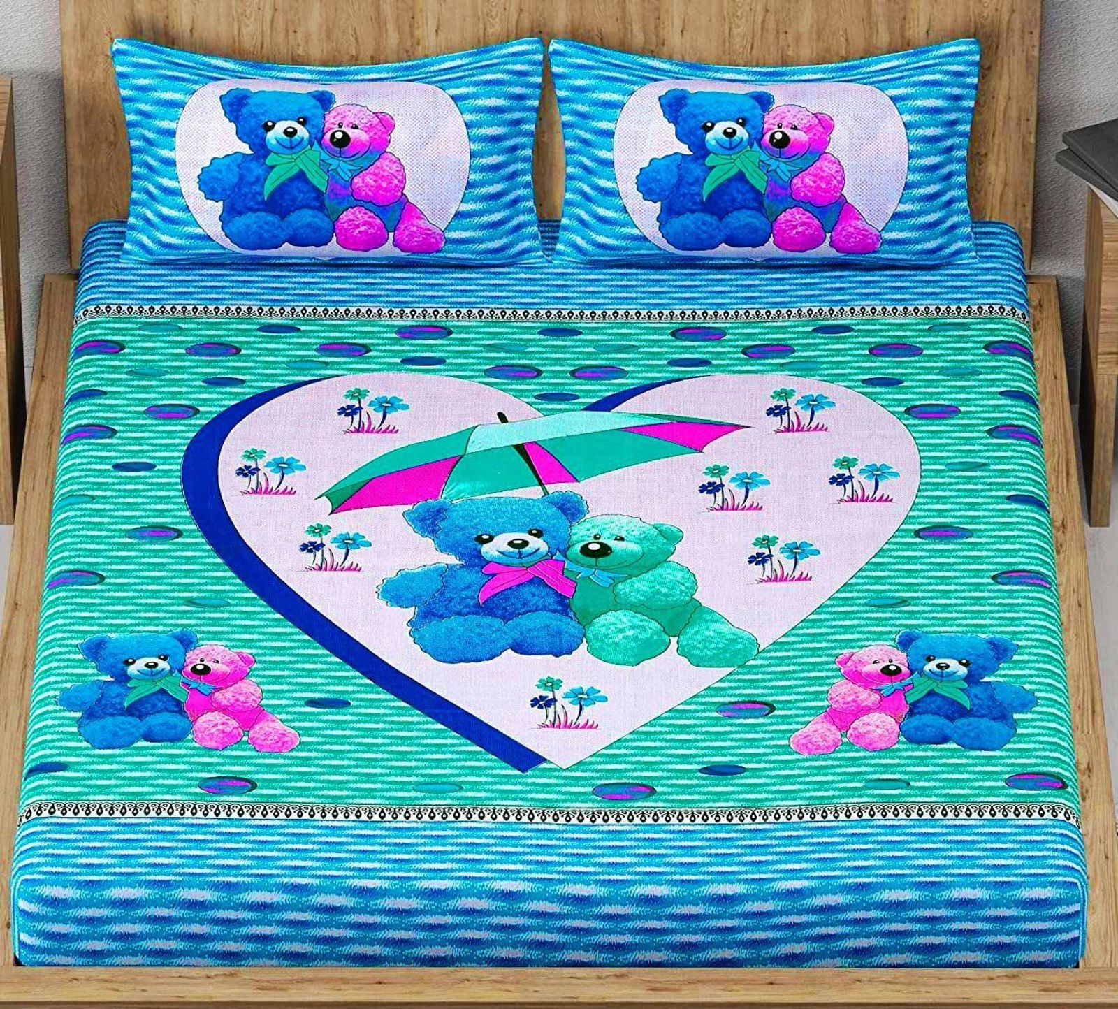 Jaipuri Screen Printed Cotton Double Bed Sheet with 2 Pillow Covers – 90x100 Size