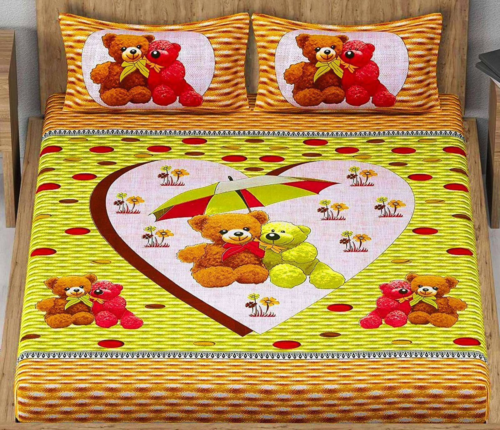 Jaipuri Screen Printed Cotton Double Bed Sheet with 2 Pillow Covers – 90x100 Size