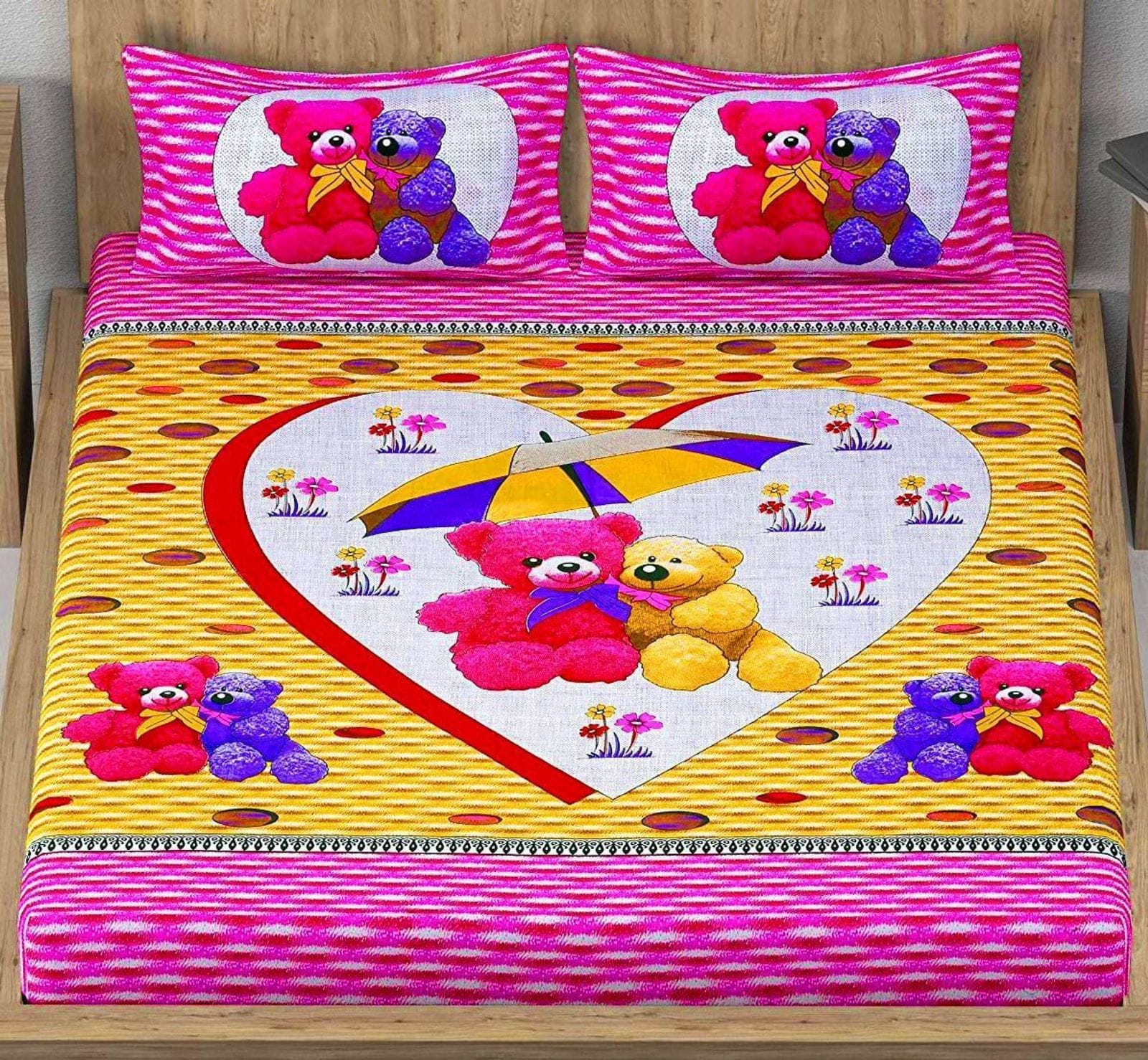 Jaipuri Screen Printed Cotton Double Bed Sheet with 2 Pillow Covers – 90x100 Size