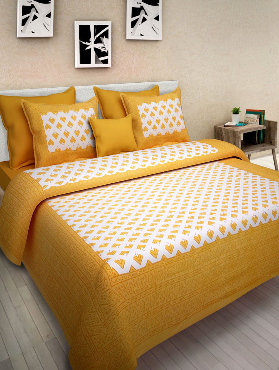 Jaipuri Screen Printed Cotton Double Bed Sheet with 2 Pillow Covers – 90x100 Size