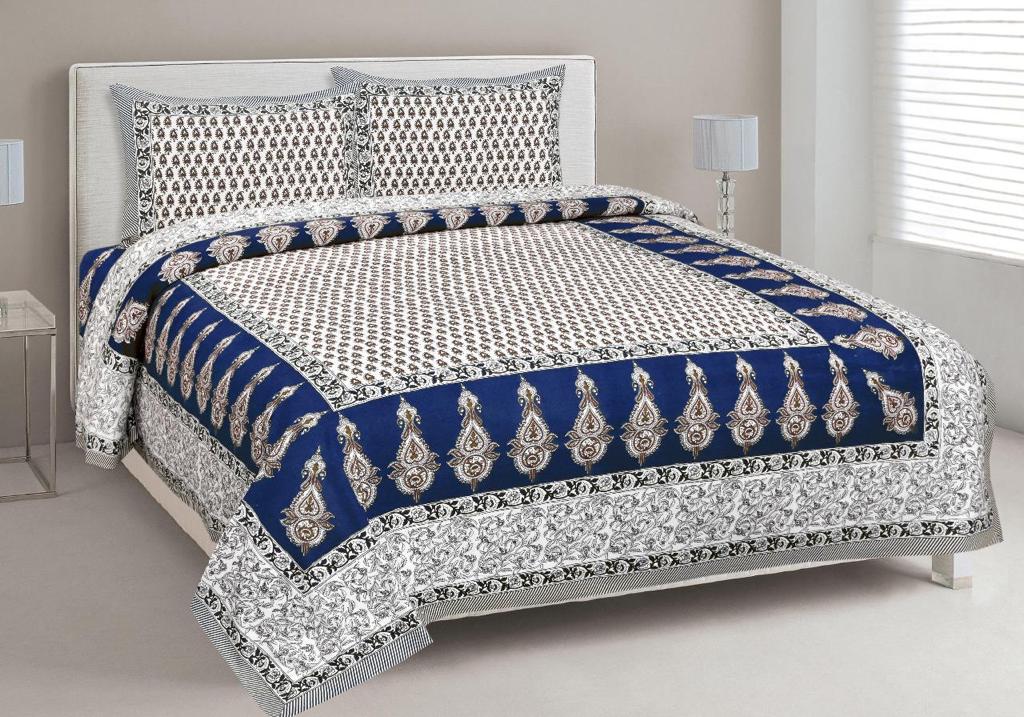 Jaipuri Screen Printed Cotton Double Bed Sheet with 2 Pillow Covers – 90x100 Size