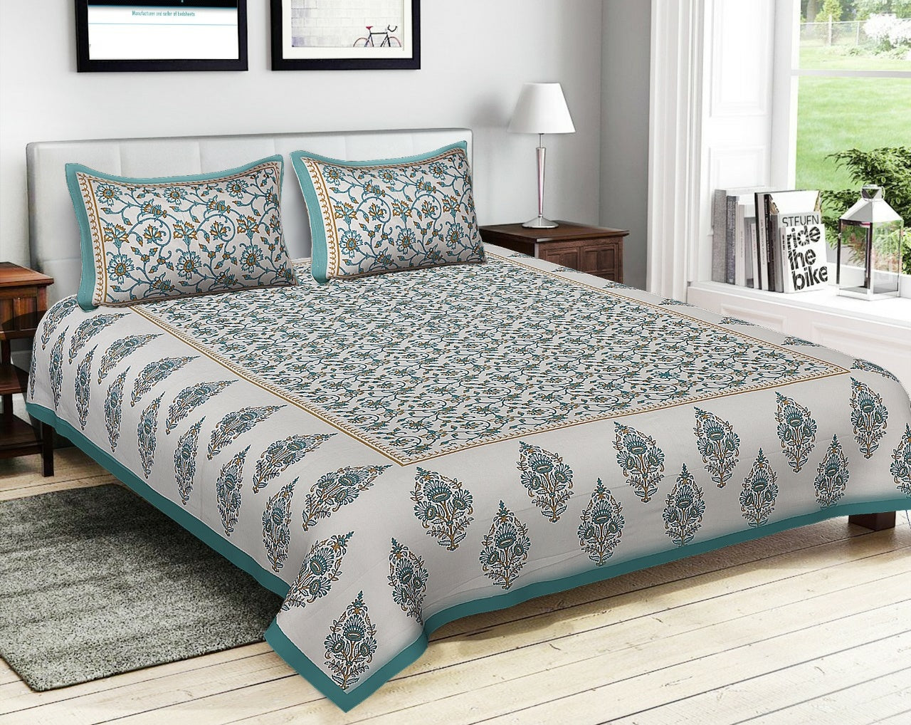 Jaipuri Screen Printed Cotton Double Bed Sheet with 2 Pillow Covers – 90x100 Size