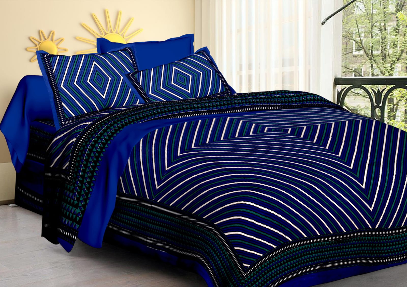Jaipuri Screen Printed Cotton Double Bed Sheet with 2 Pillow Covers – 90x100 Size
