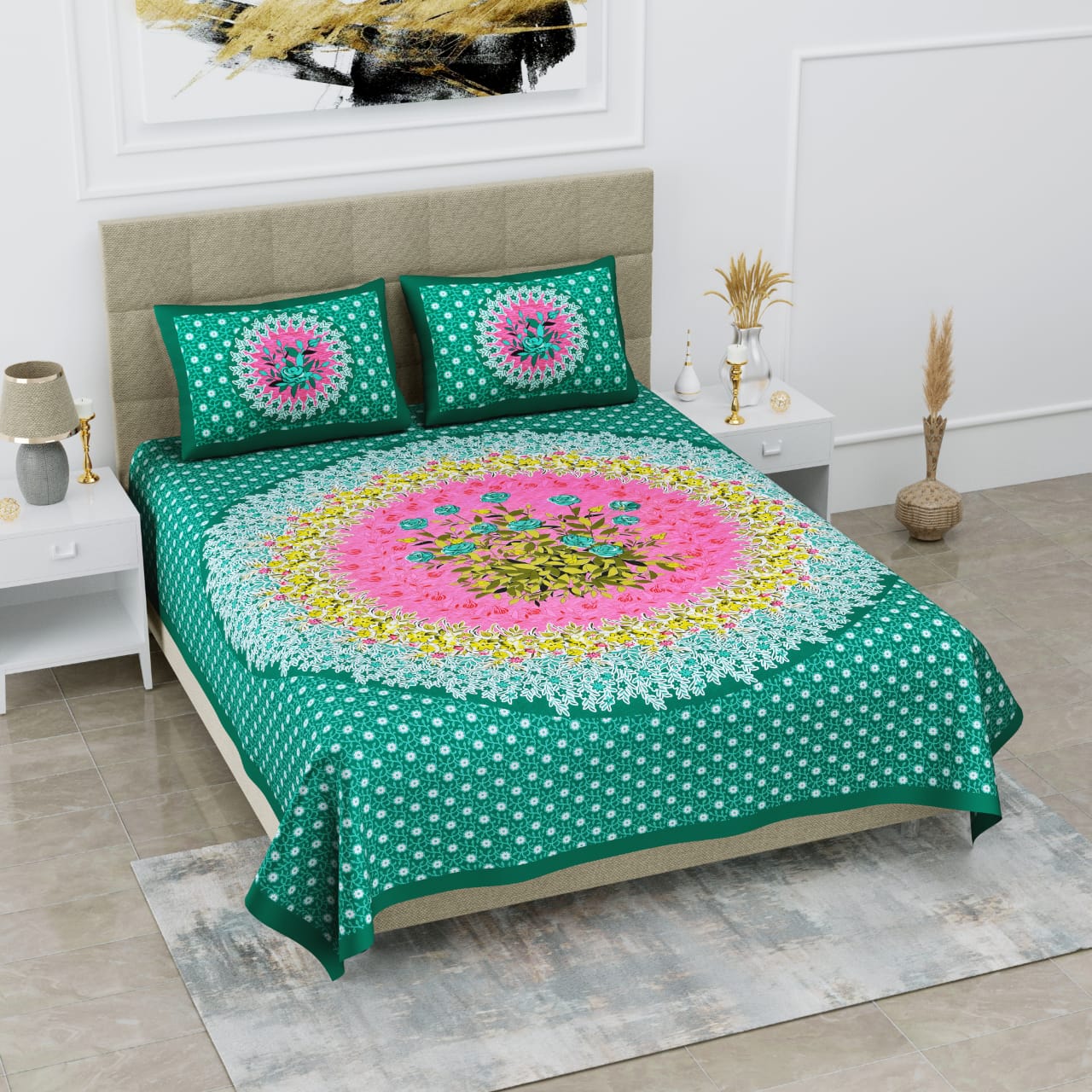 Jaipuri Screen Printed Cotton Double Bed Sheet with 2 Pillow Covers – 90x100 Size