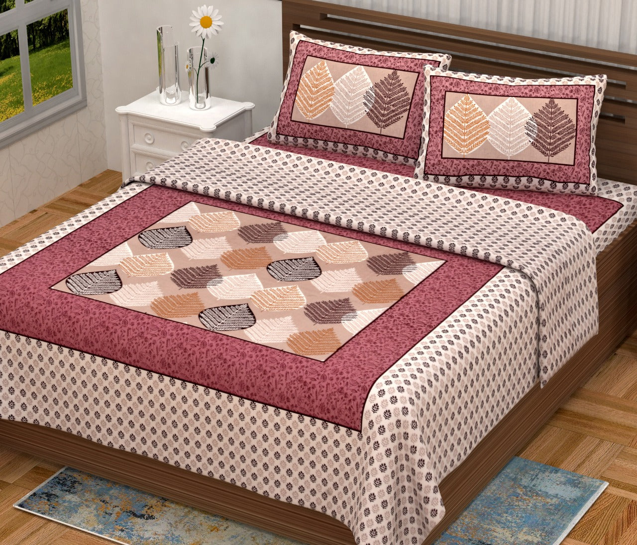 Jaipuri Screen Printed Cotton Double Bed Sheet with 2 Pillow Covers – 90x100 Size