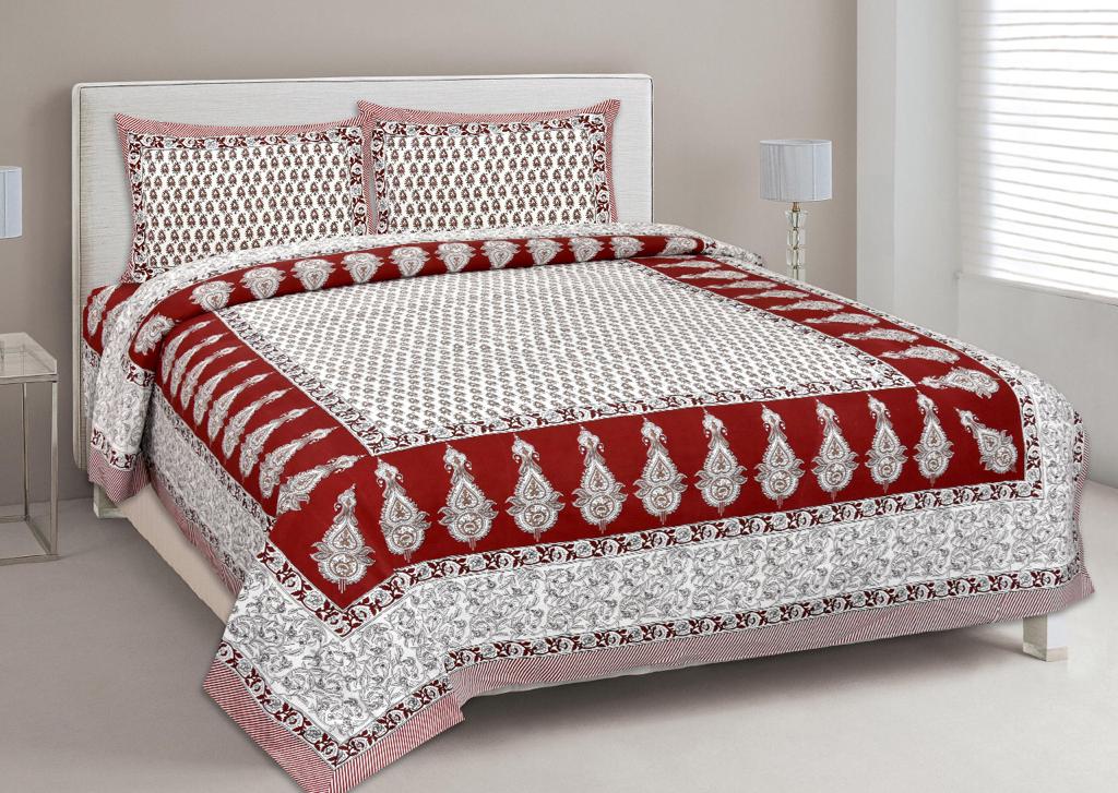 Jaipuri Screen Printed Cotton Double Bed Sheet with 2 Pillow Covers – 90x100 Size