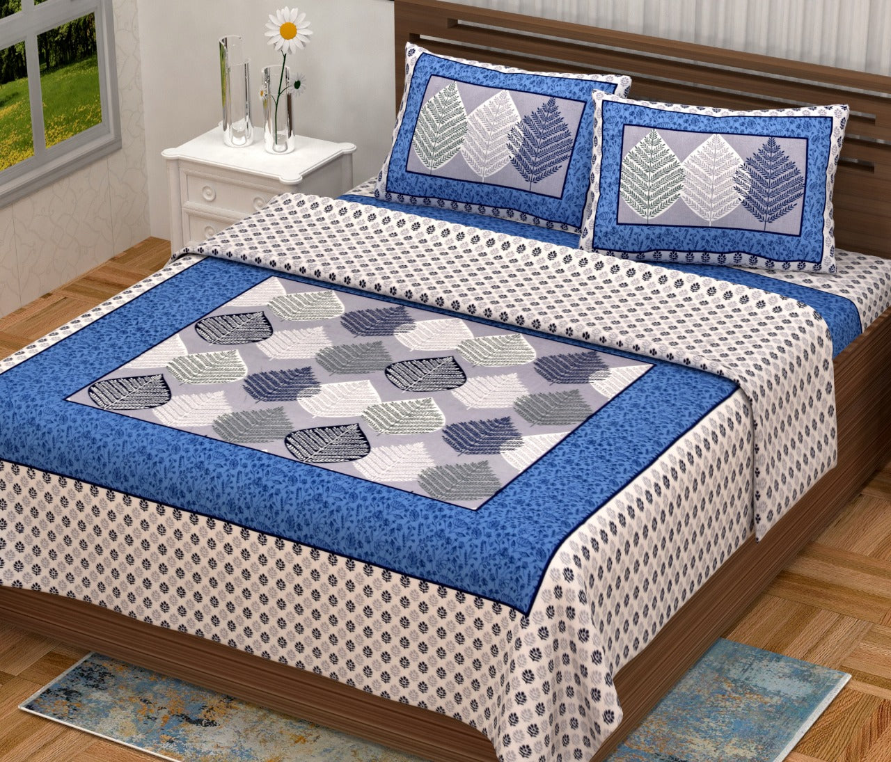 Jaipuri Screen Printed Cotton Double Bed Sheet with 2 Pillow Covers – 90x100 Size