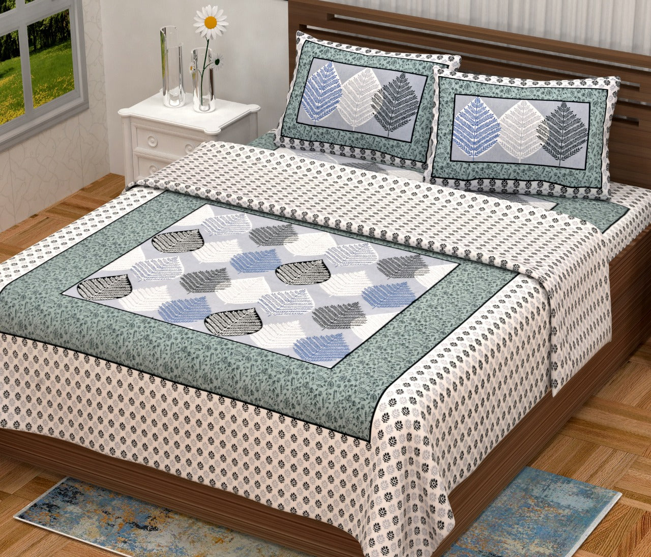 Jaipuri Screen Printed Cotton Double Bed Sheet with 2 Pillow Covers – 90x100 Size