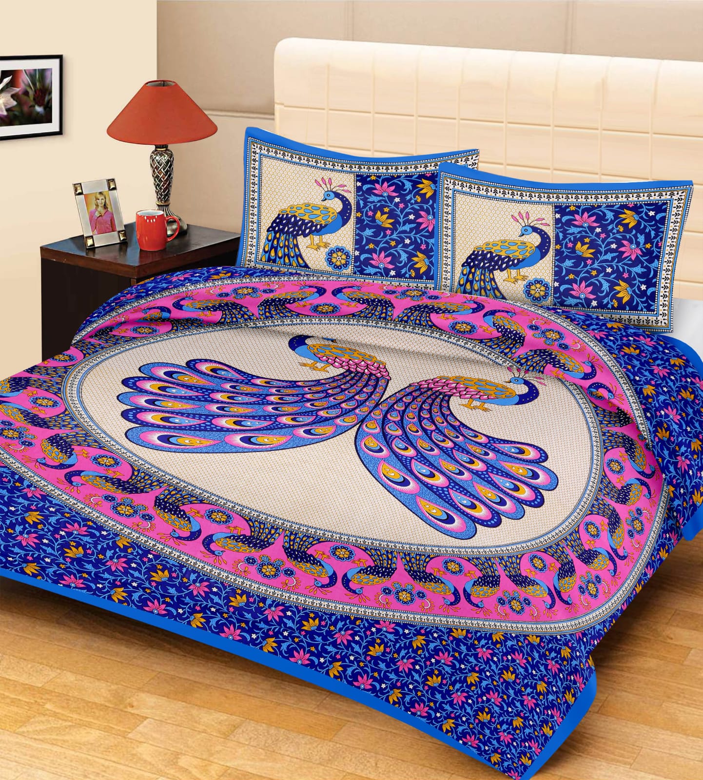 Jaipuri Screen Printed Cotton Double Bed Sheet with 2 Pillow Covers – 90x100 Size