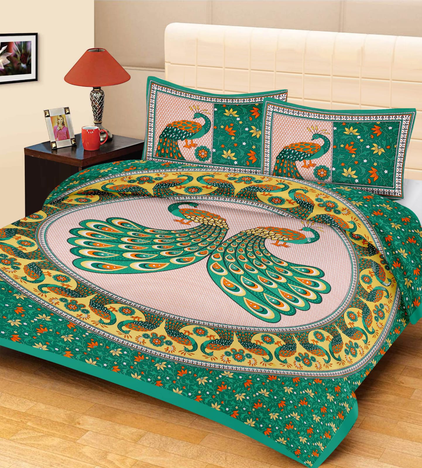 Jaipuri Screen Printed Cotton Double Bed Sheet with 2 Pillow Covers – 90x100 Size