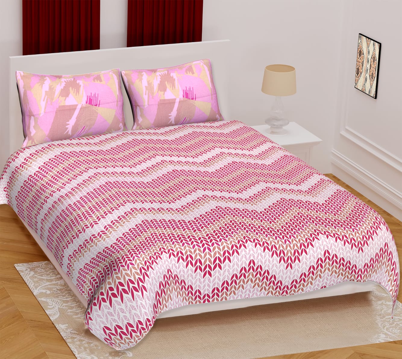Jaipuri Screen Printed Cotton Double Bed Sheet with 2 Pillow Covers – 90x100 Size