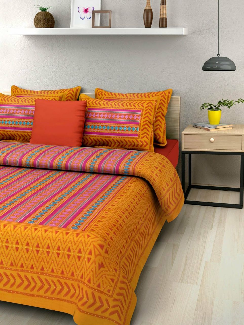 Jaipuri Screen Printed Cotton Double Bed Sheet with 2 Pillow Covers – 90x100 Size