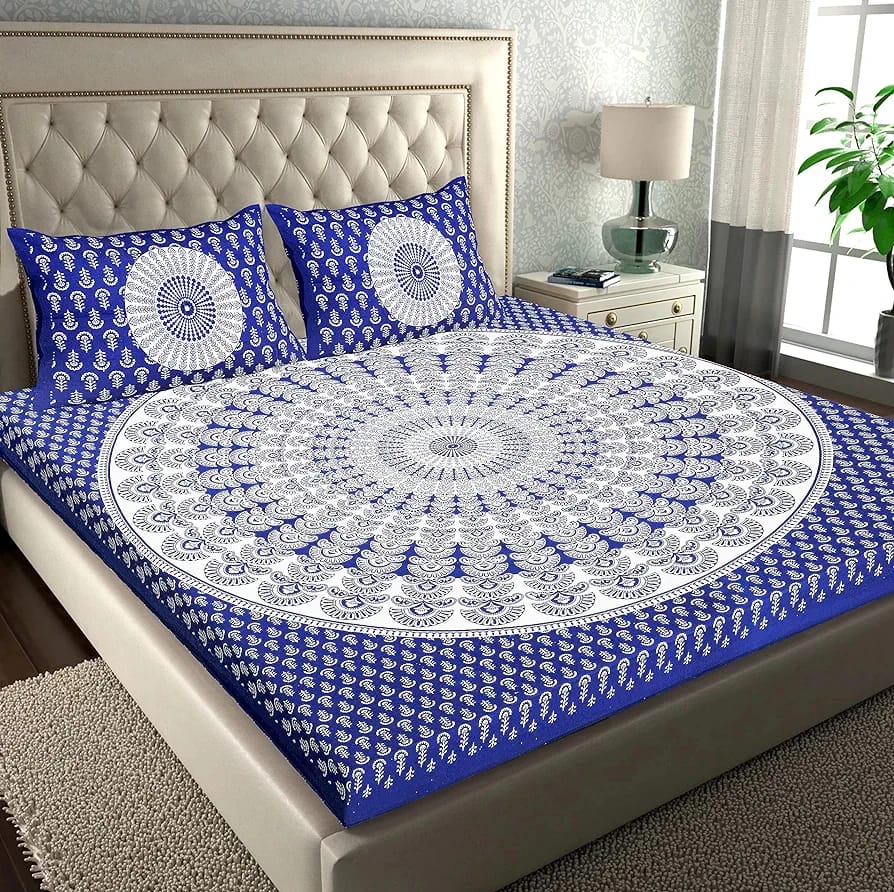 Jaipuri Screen Printed Cotton Double Bed Sheet with 2 Pillow Covers – 90x100 Size