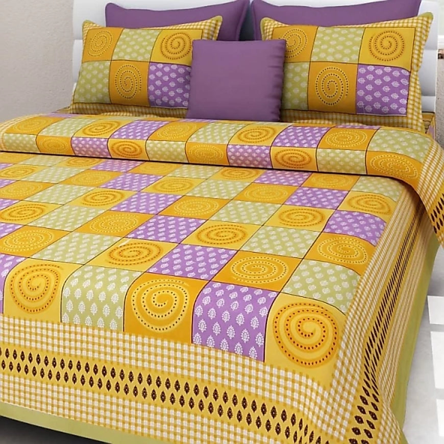 Jaipuri Screen Printed Cotton Double Bed Sheet with 2 Pillow Covers – 90x100 Size