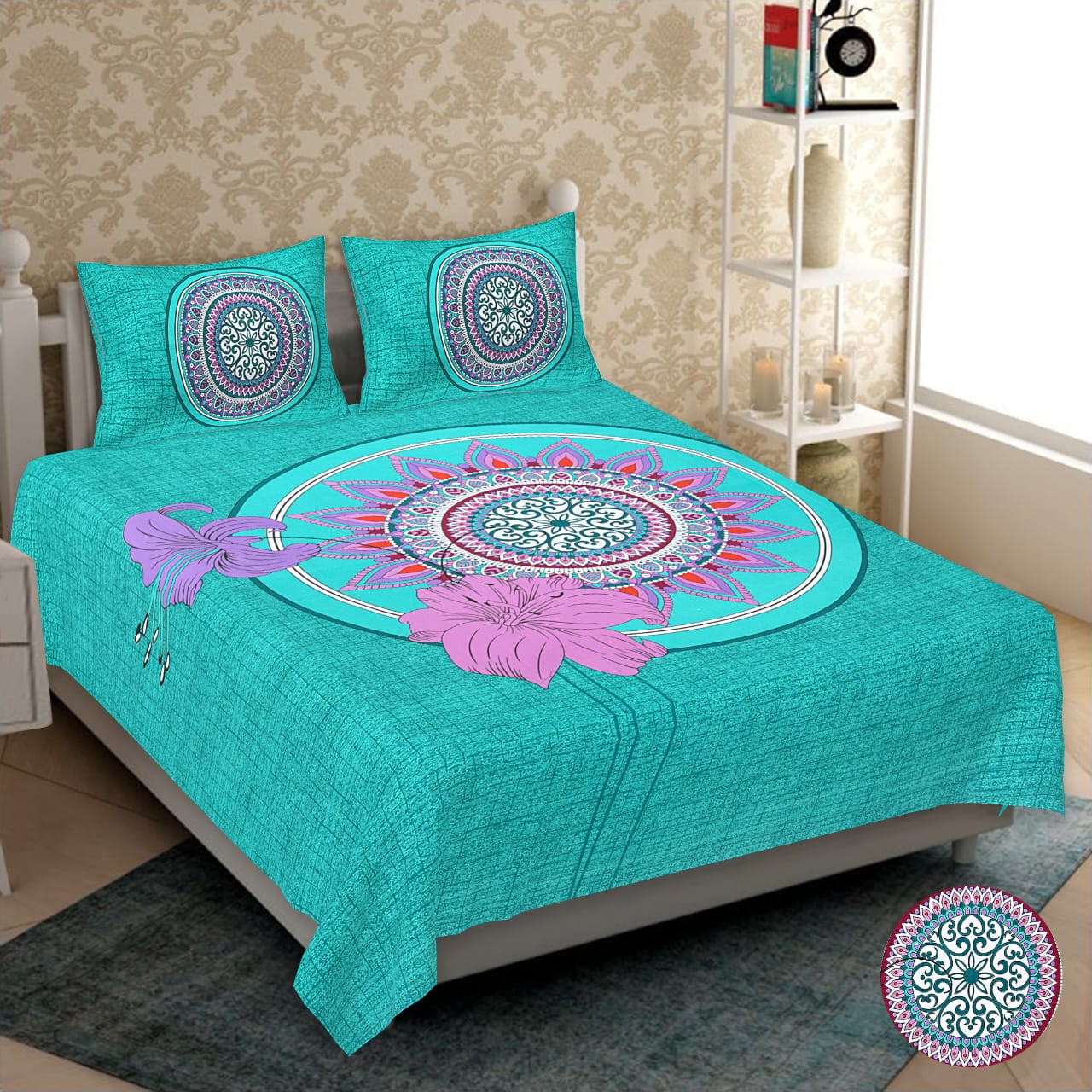Jaipuri Screen Printed Cotton Double Bed Sheet with 2 Pillow Covers – 90x100 Size