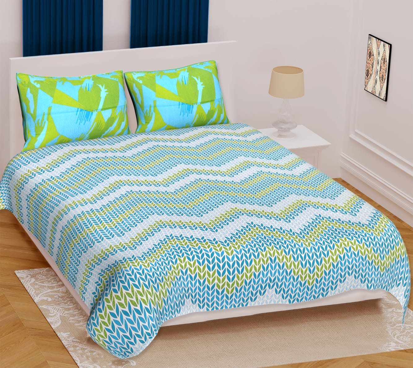Jaipuri Screen Printed Cotton Double Bed Sheet with 2 Pillow Covers – 90x100 Size