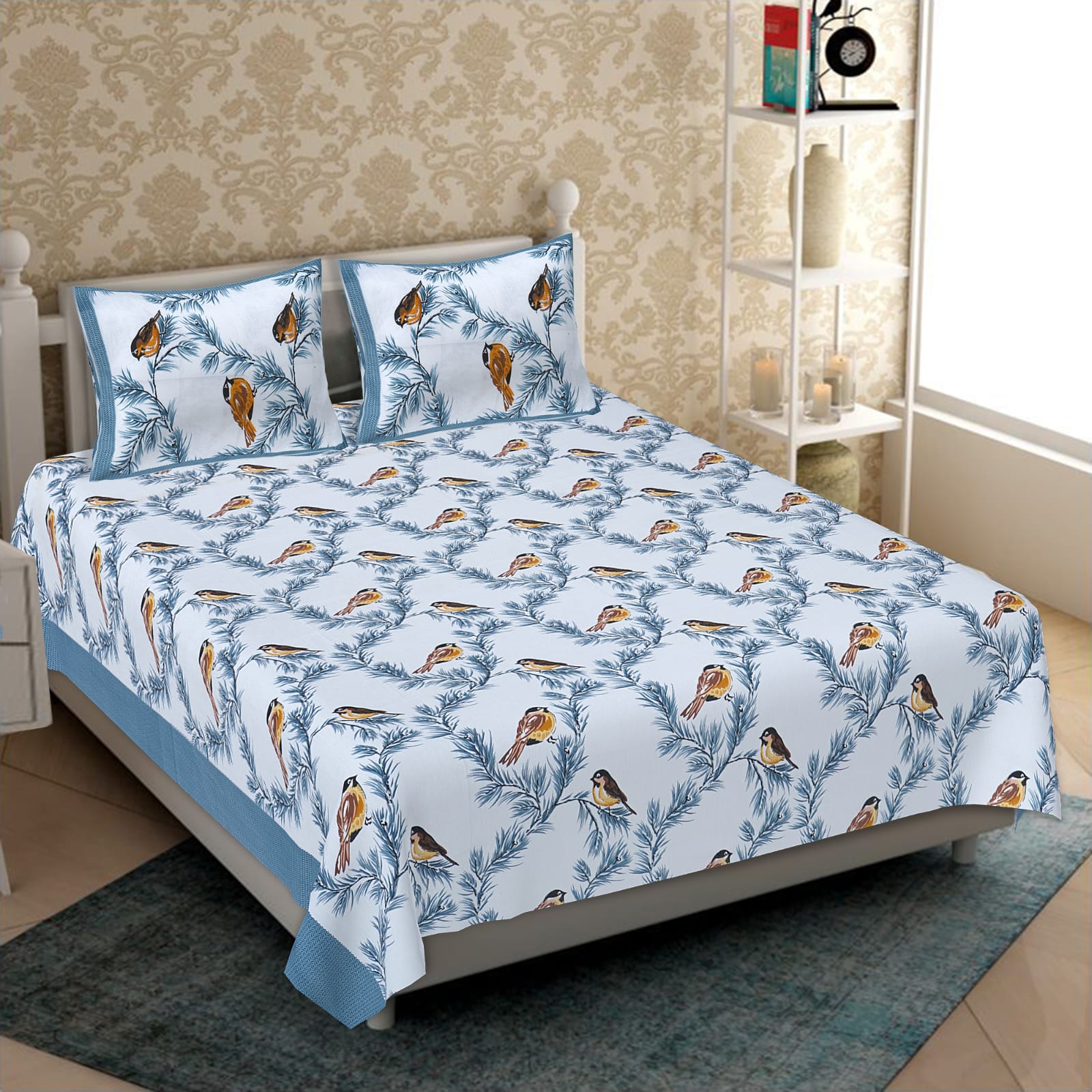 Jaipuri Screen Printed Cotton Double Bed Sheet with 2 Pillow Covers – 90x100 Size