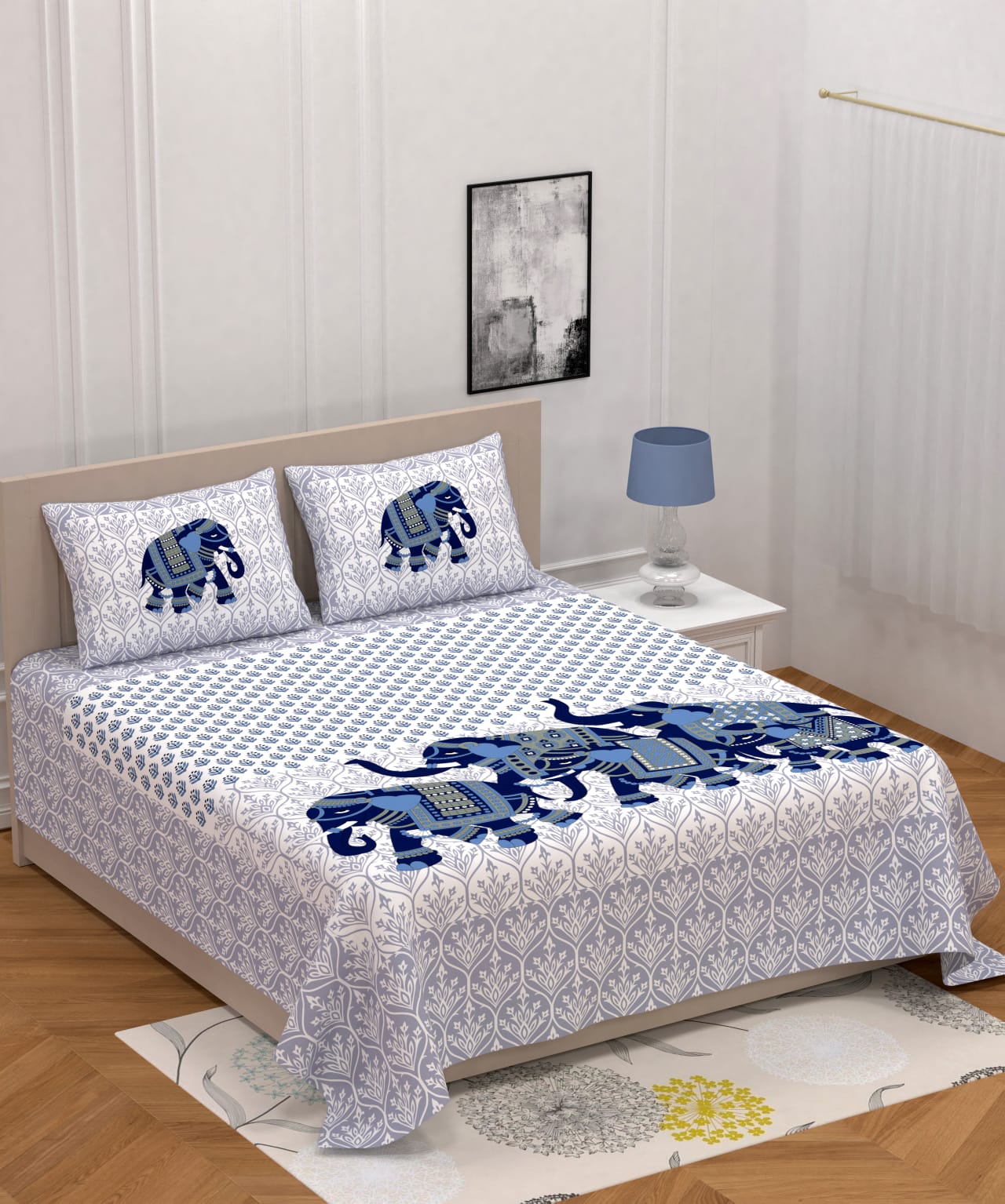 Jaipuri Screen Printed Cotton Double Bed Sheet with 2 Pillow Covers – 90x100 Size