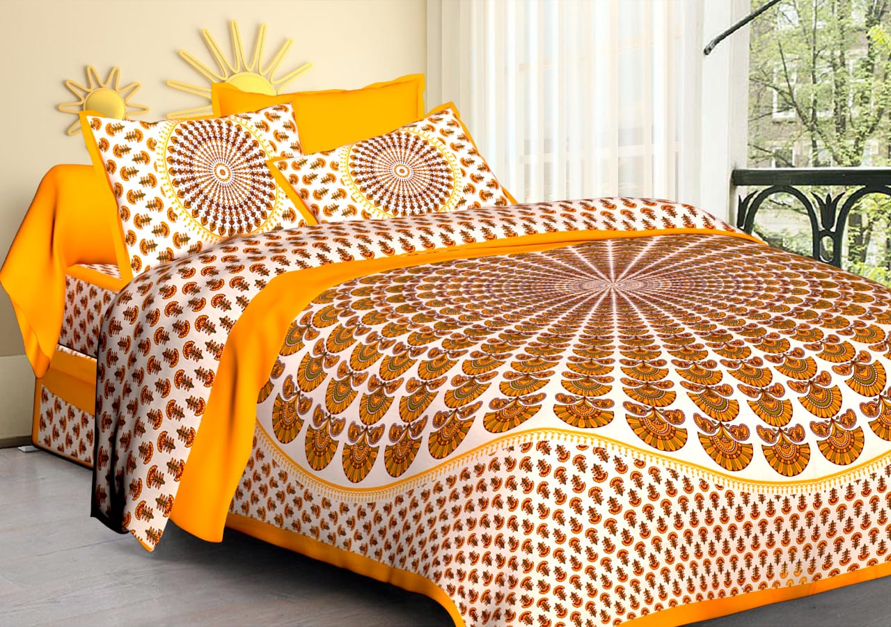 Jaipuri Screen Printed Cotton Double Bed Sheet with 2 Pillow Covers – 90x100 Size