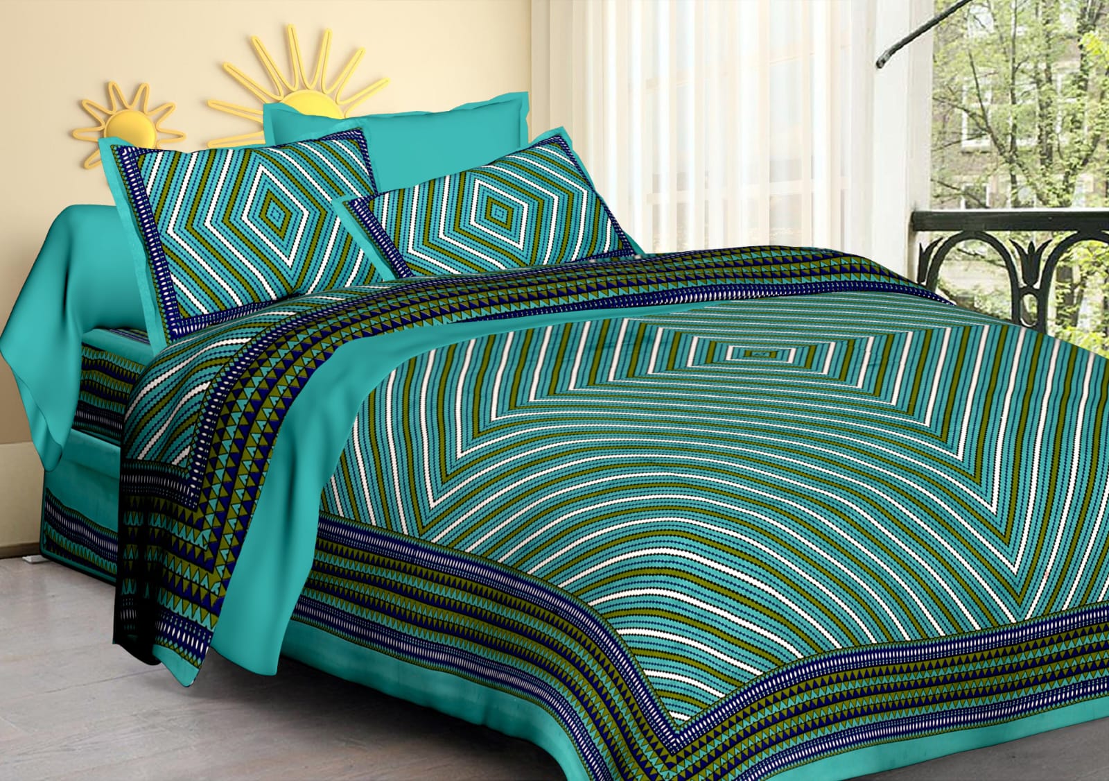 Jaipuri Screen Printed Cotton Double Bed Sheet with 2 Pillow Covers – 90x100 Size