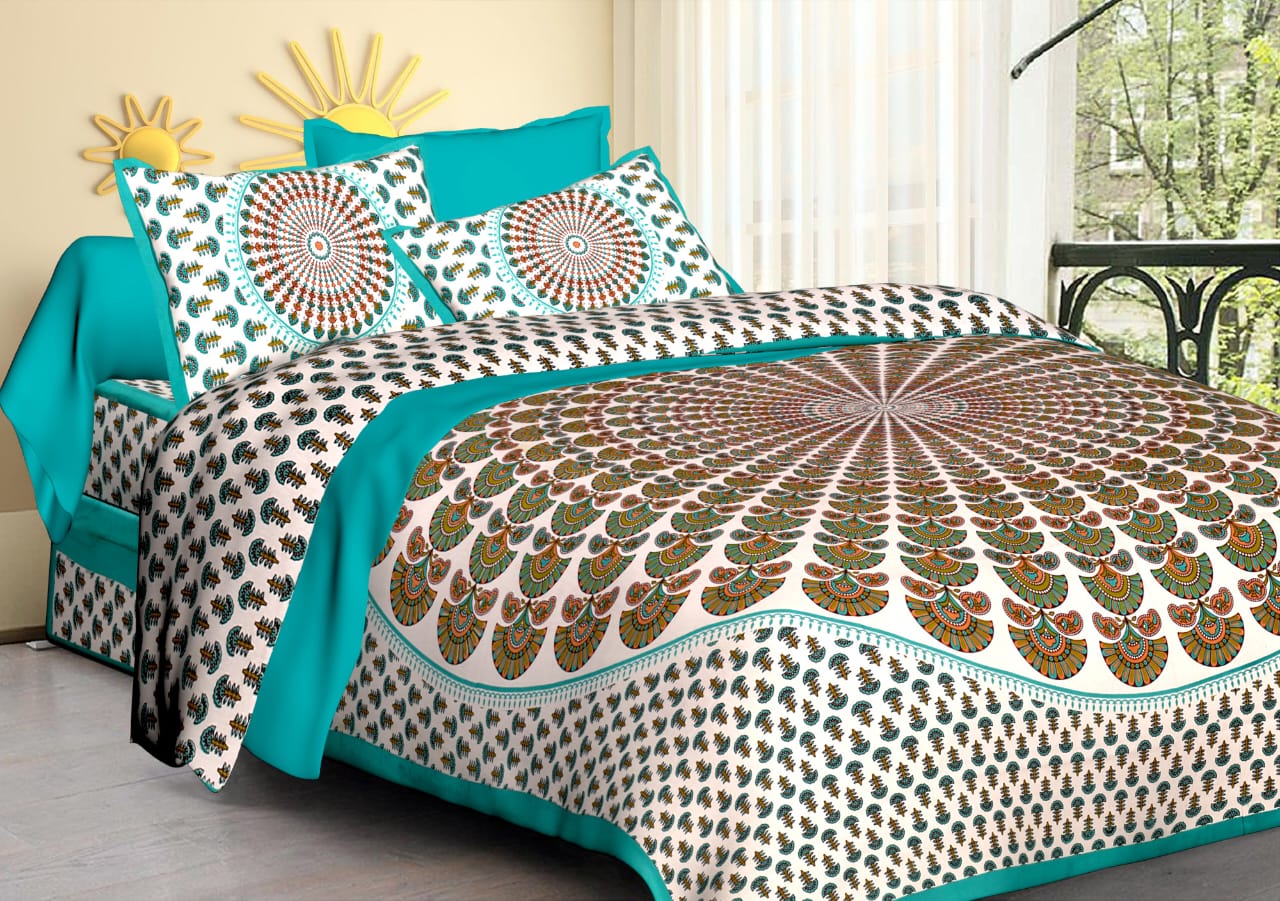 Jaipuri Screen Printed Cotton Double Bed Sheet with 2 Pillow Covers – 90x100 Size