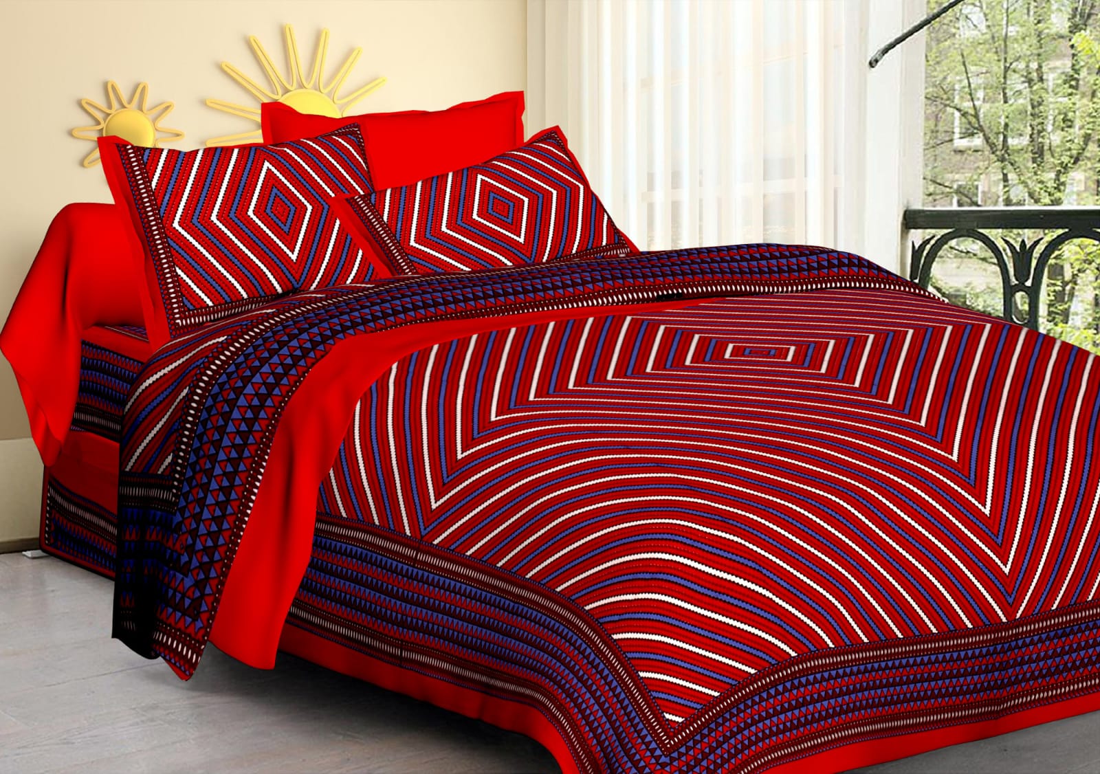 Jaipuri Screen Printed Cotton Double Bed Sheet with 2 Pillow Covers – 90x100 Size