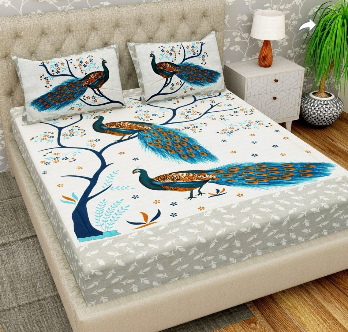 Jaipuri Screen Printed Cotton Double Bed Sheet with 2 Pillow Covers – 90x100 Size
