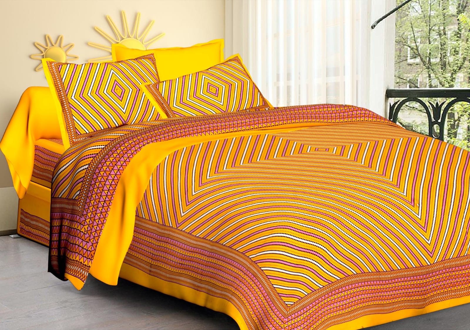 Jaipuri Screen Printed Cotton Double Bed Sheet with 2 Pillow Covers – 90x100 Size