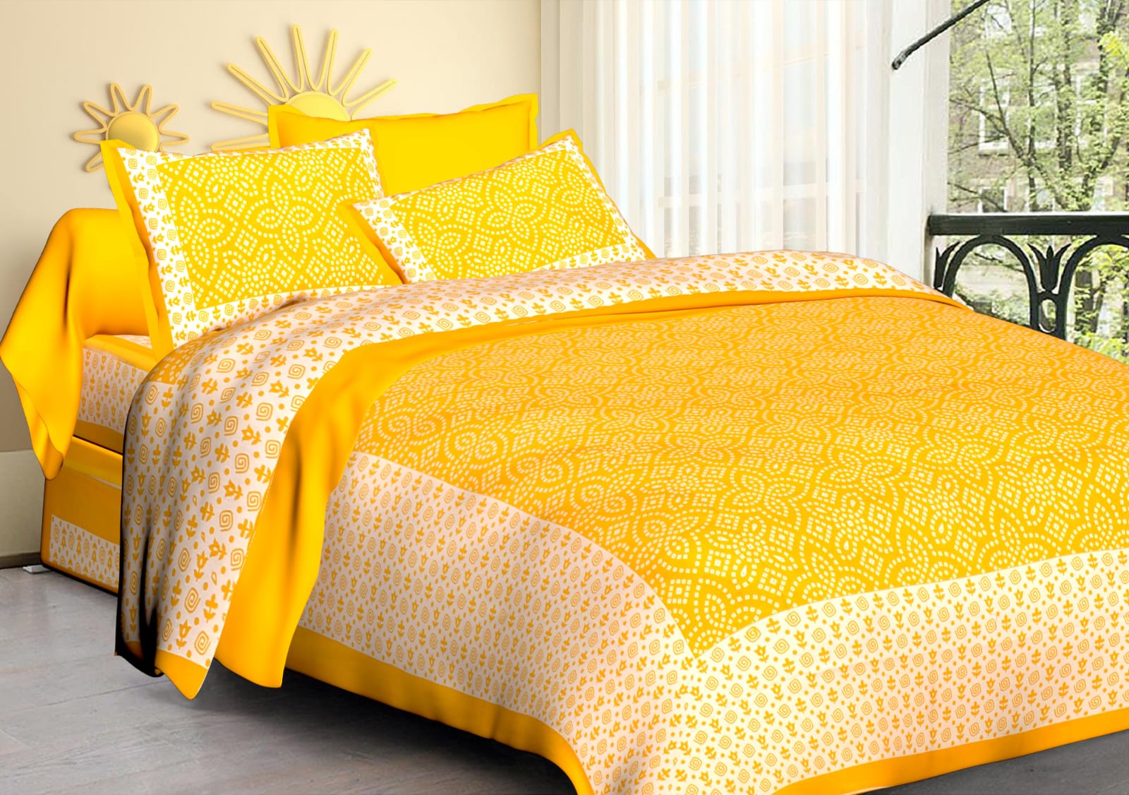 Jaipuri Screen Printed Cotton Double Bed Sheet with 2 Pillow Covers – 90x100 Size