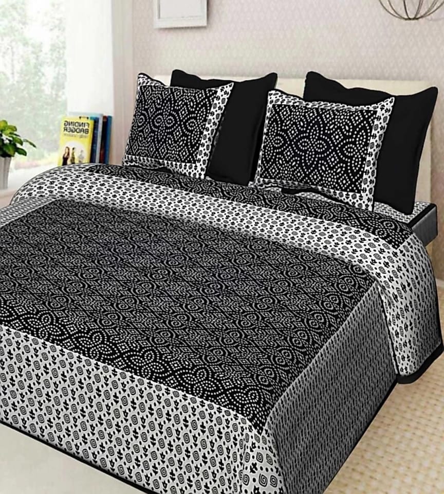 Jaipuri Screen Printed Cotton Double Bed Sheet with 2 Pillow Covers – 90x100 Size