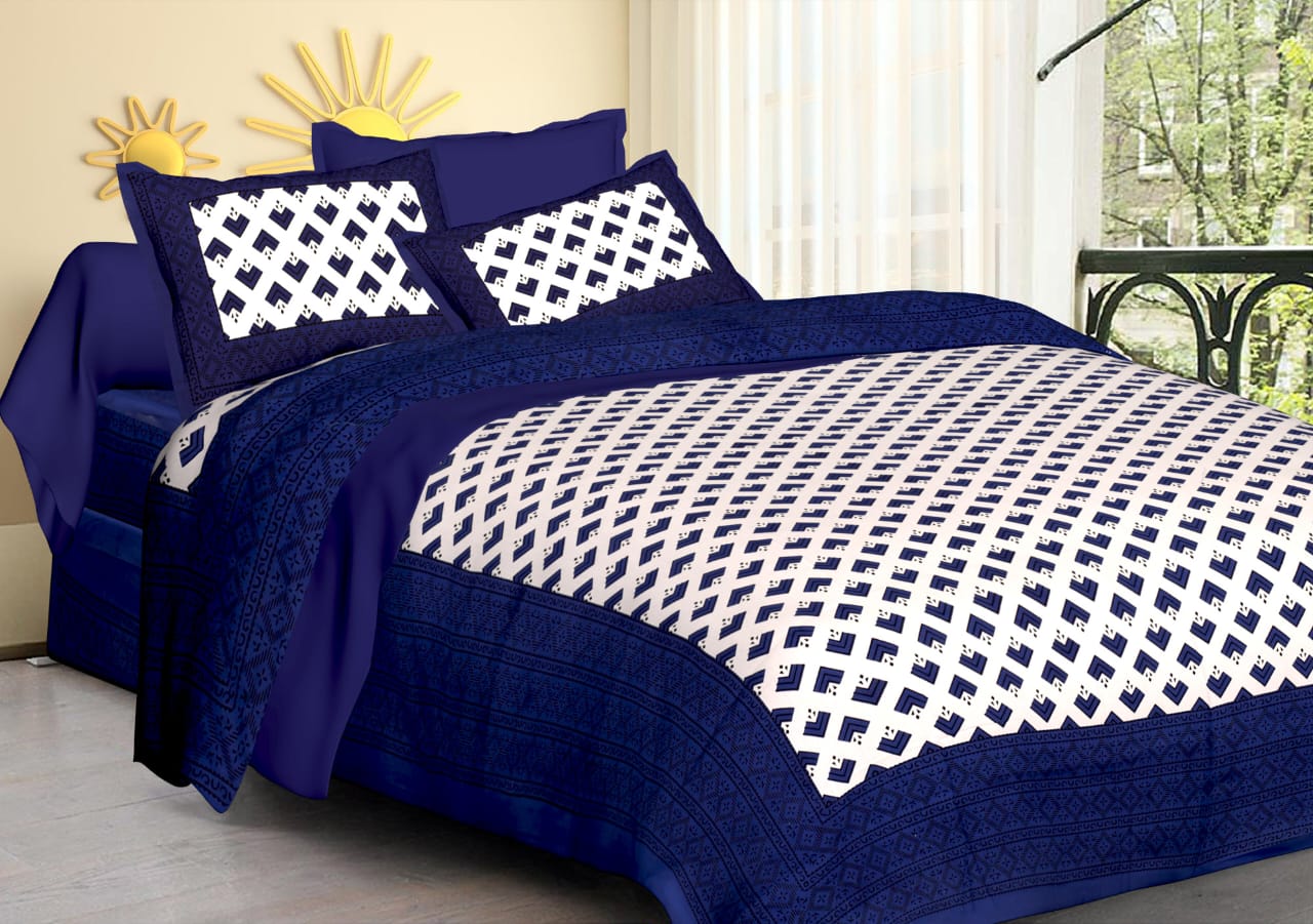 Jaipuri Screen Printed Cotton Double Bed Sheet with 2 Pillow Covers – 90x100 Size