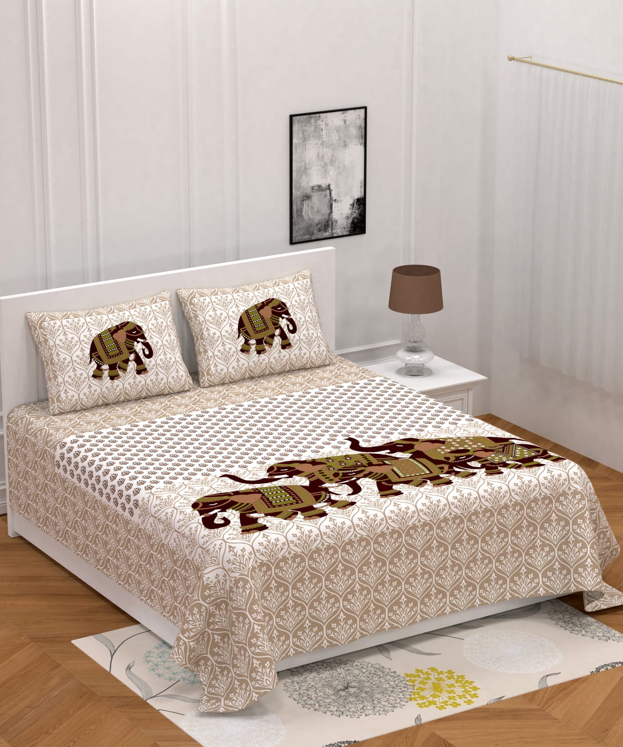 Jaipuri Screen Printed Cotton Double Bed Sheet with 2 Pillow Covers – 90x100 Size