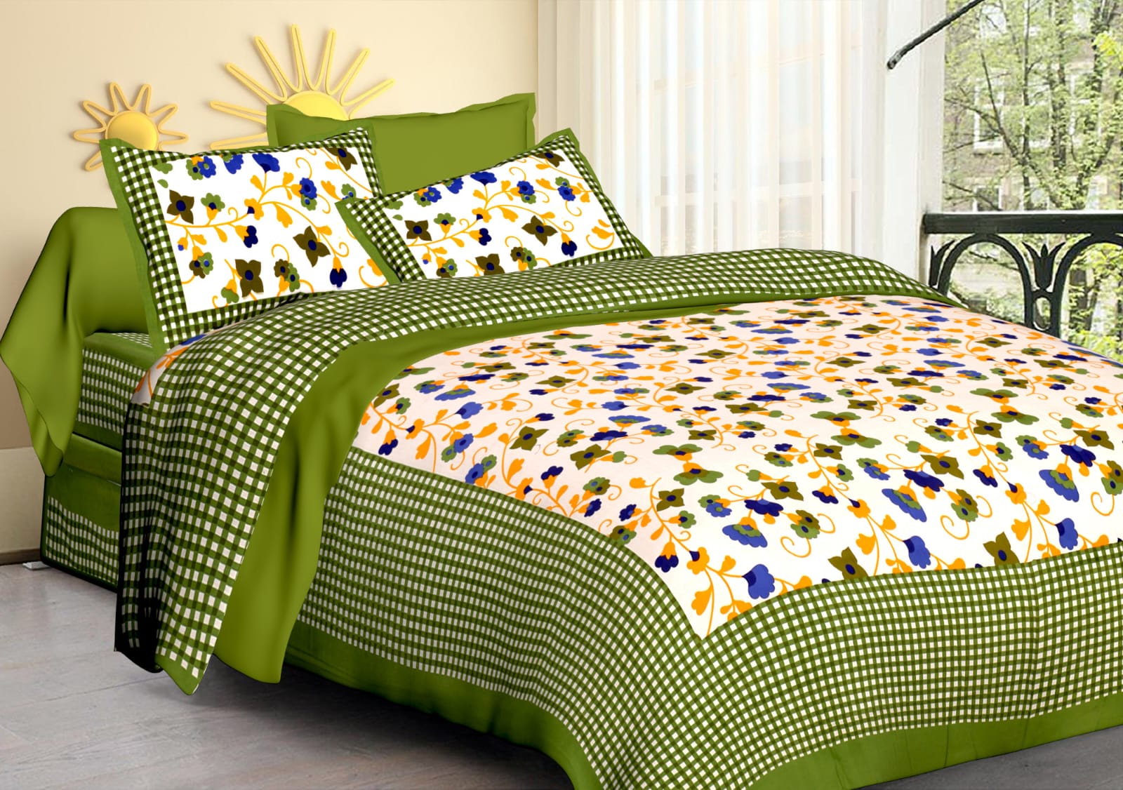Jaipuri Screen Printed Cotton Double Bed Sheet with 2 Pillow Covers – 90x100 Size