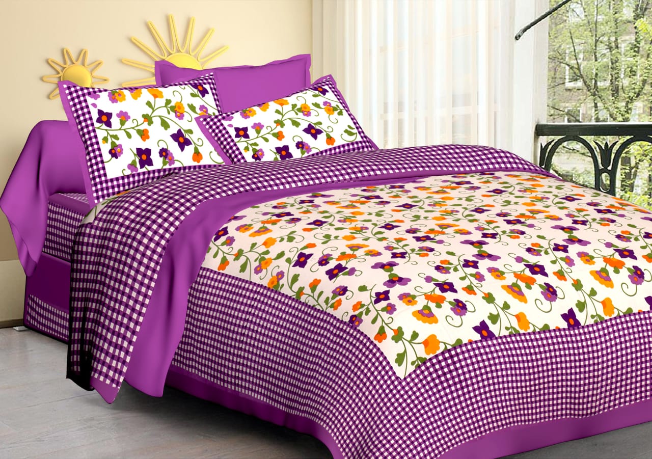 Jaipuri Screen Printed Cotton Double Bed Sheet with 2 Pillow Covers – 90x100 Size