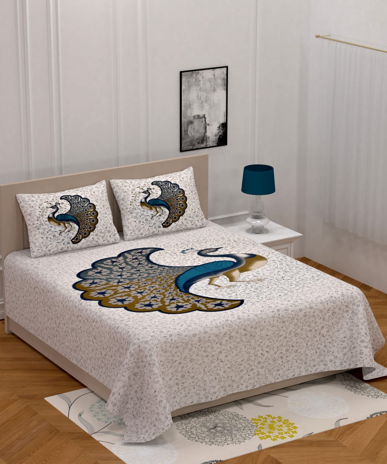 Jaipuri Screen Printed Cotton Double Bed Sheet with 2 Pillow Covers – 90x100 Size