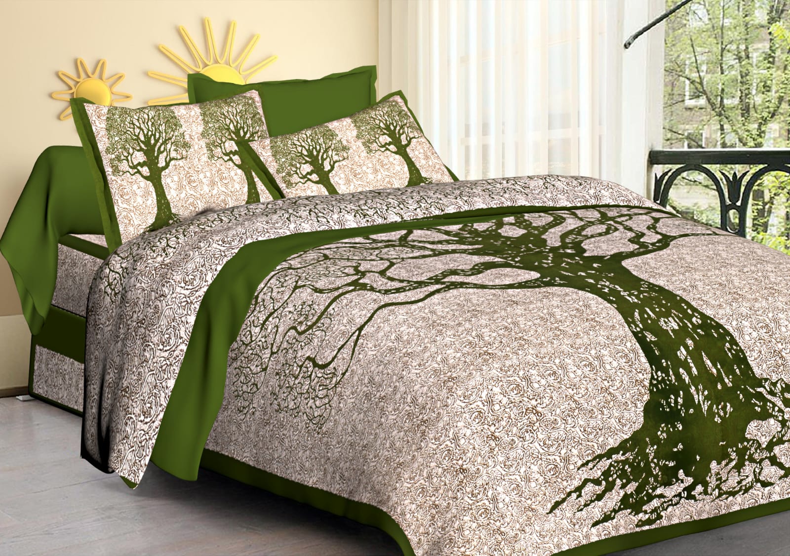 Jaipuri Screen Printed Cotton Double Bed Sheet with 2 Pillow Covers – 90x100 Size