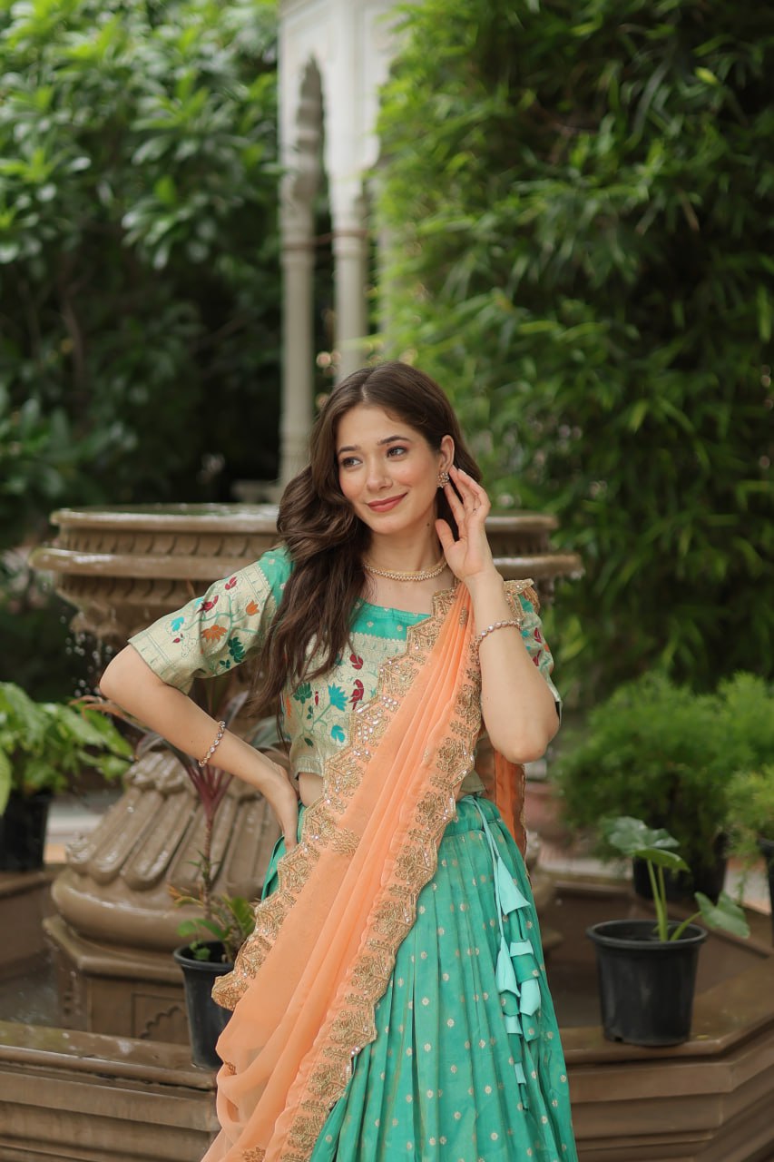 Pista Green Jequard Lehenga Choli with Russian Silk Embroidered Dupatta