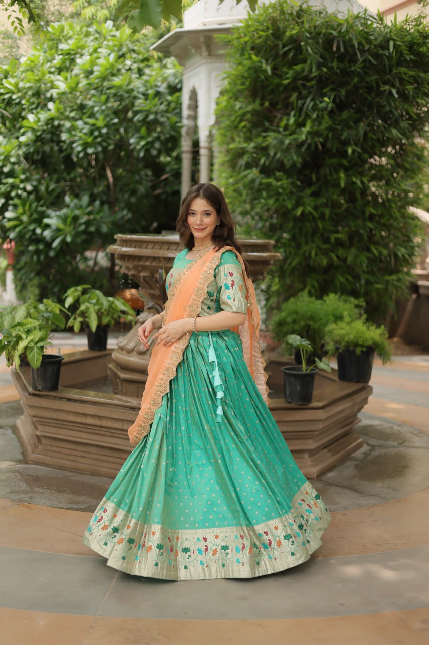 Pista Green Jequard Lehenga Choli with Russian Silk Embroidered Dupatta