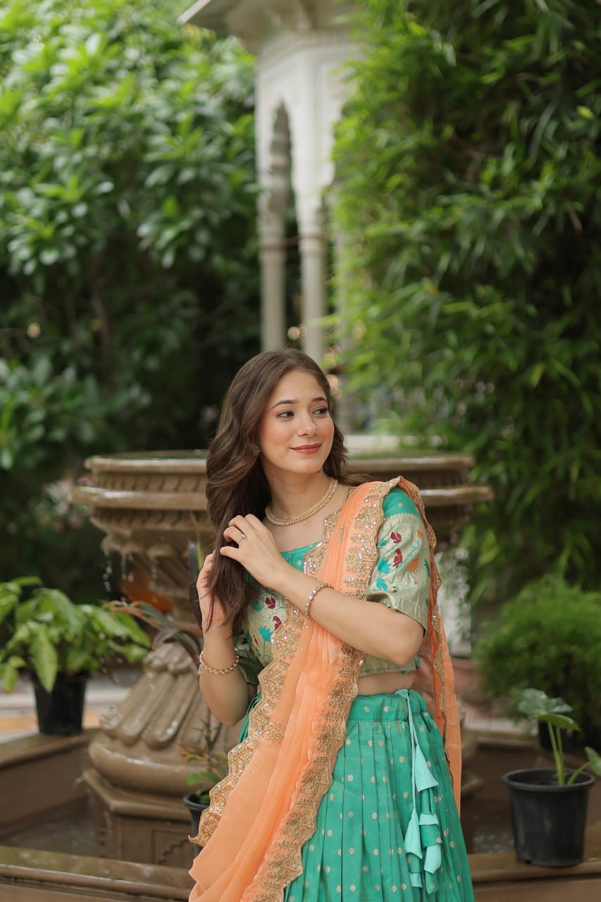 Pista Green Jequard Lehenga Choli with Russian Silk Embroidered Dupatta