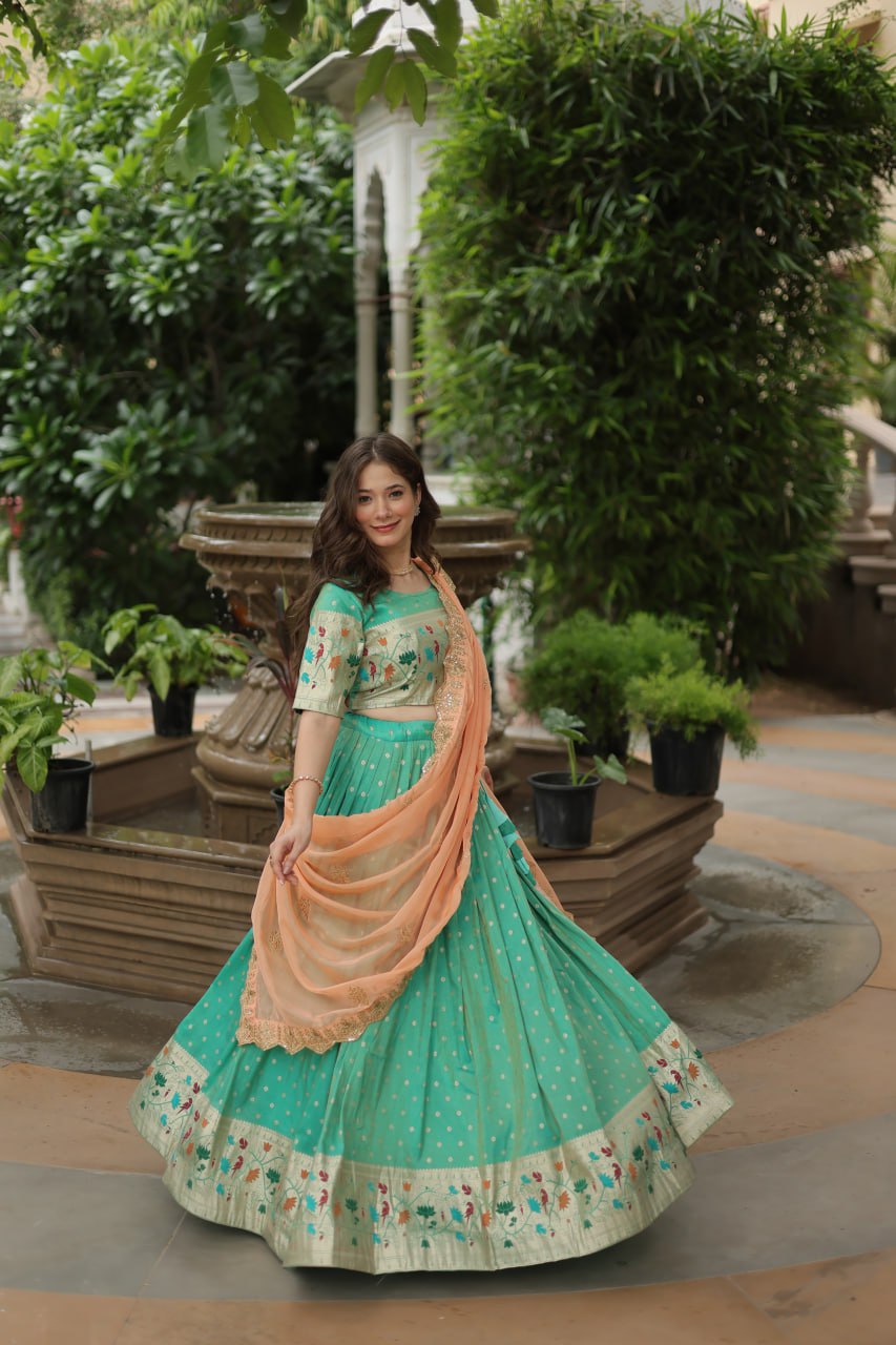 Pista Green Jequard Lehenga Choli with Russian Silk Embroidered Dupatta