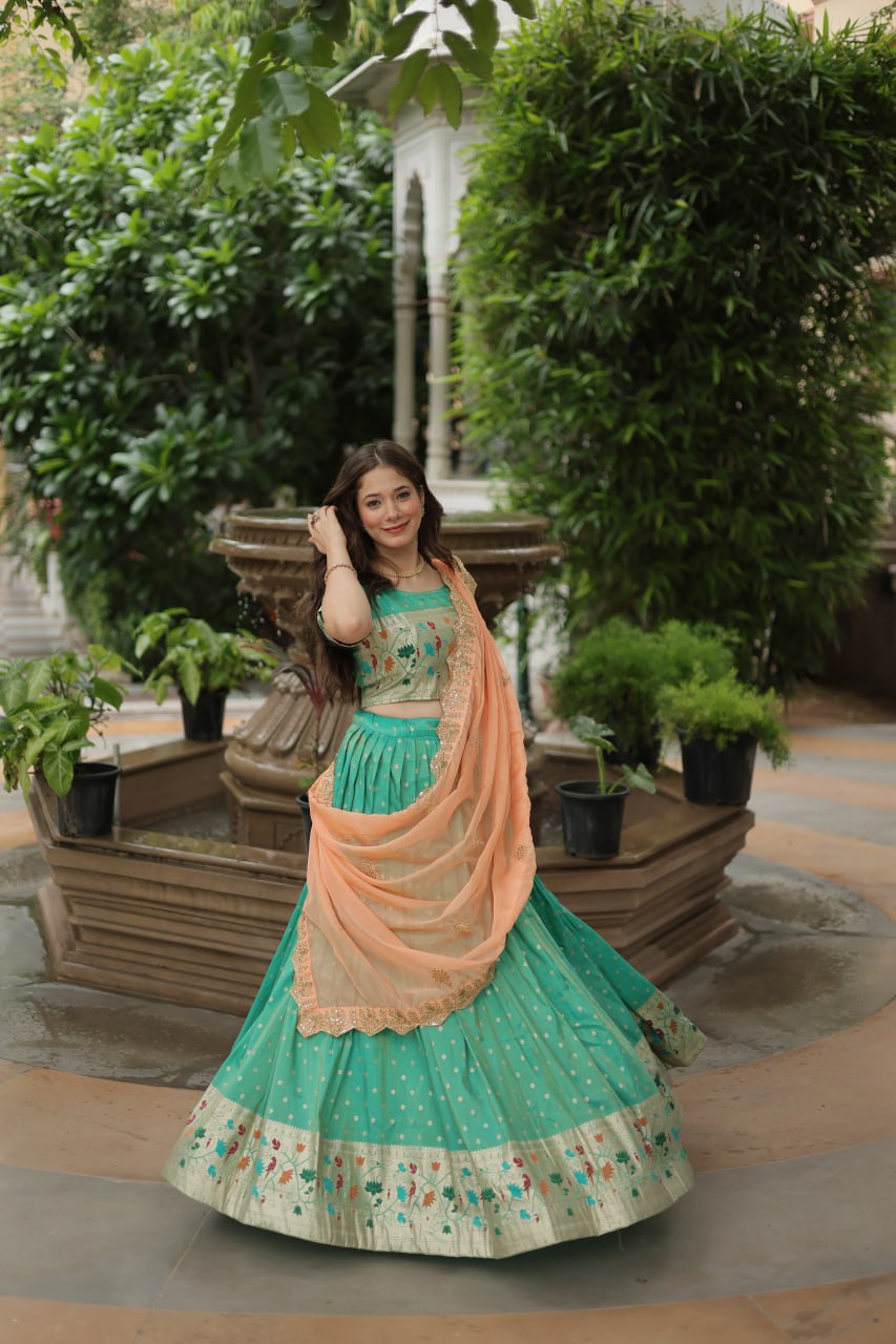 Pista Green Jequard Lehenga Choli with Russian Silk Embroidered Dupatta