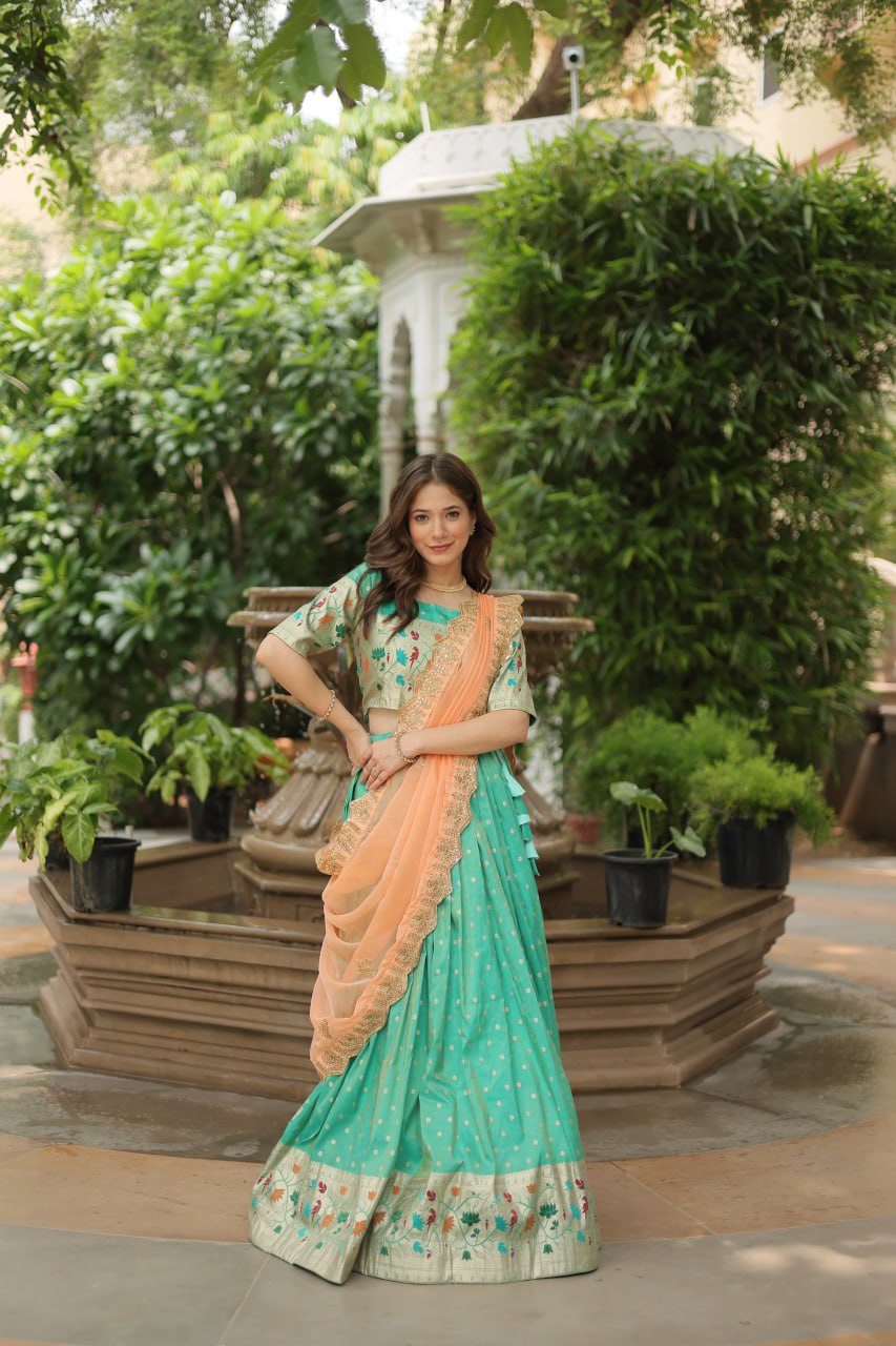 Pista Green Jequard Lehenga Choli with Russian Silk Embroidered Dupatta