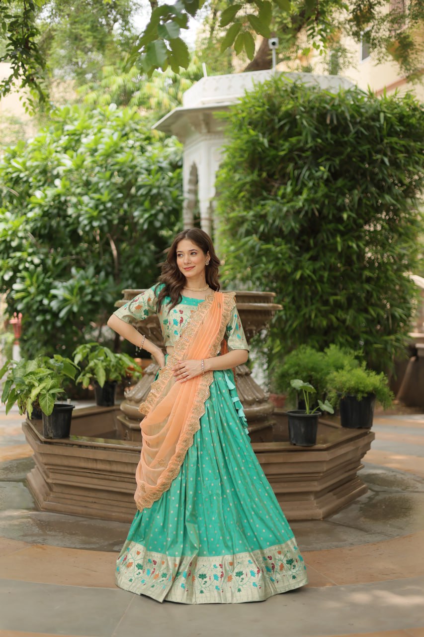 Pista Green Jequard Lehenga Choli with Russian Silk Embroidered Dupatta