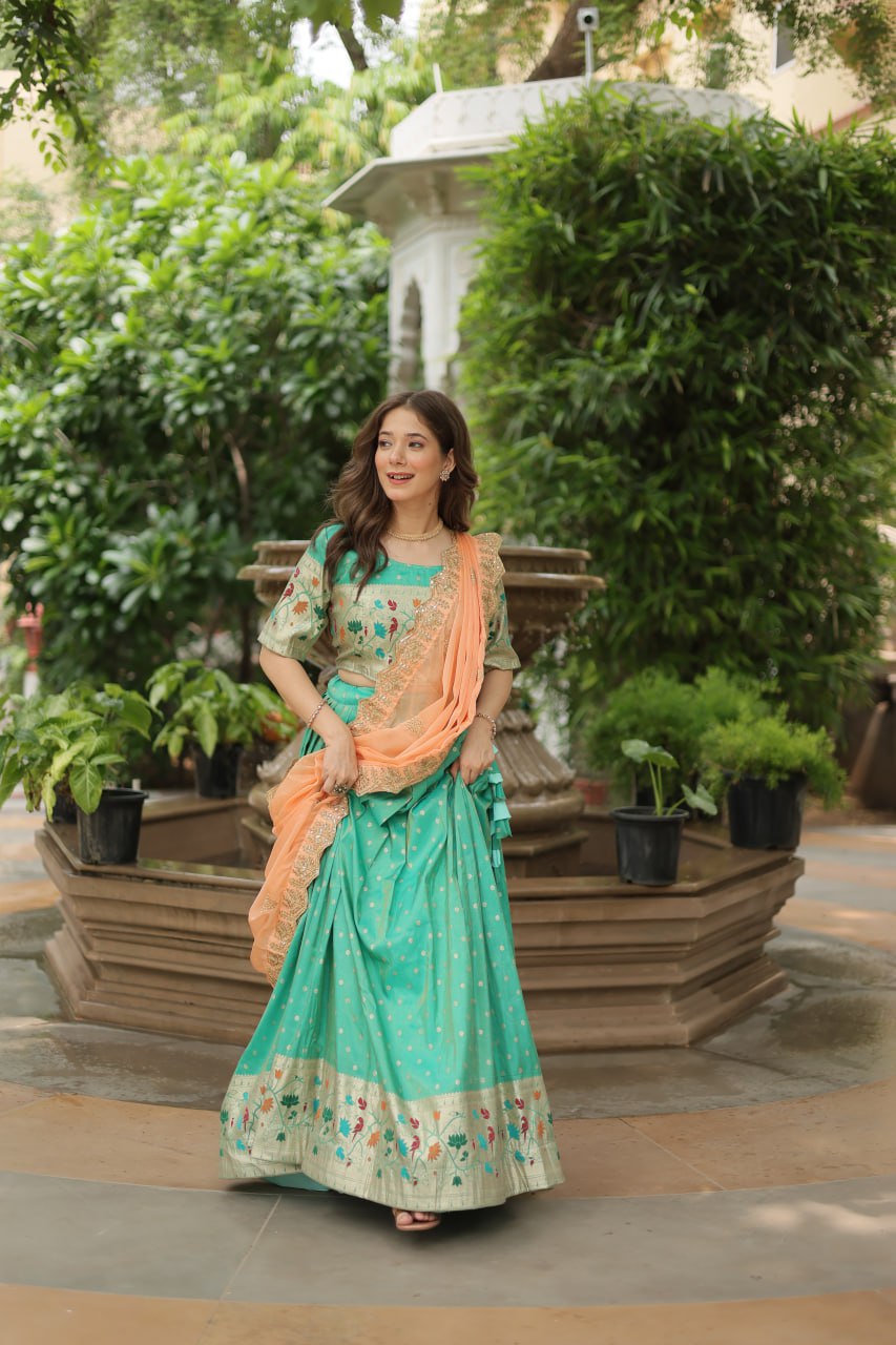 Pista Green Jequard Lehenga Choli with Russian Silk Embroidered Dupatta