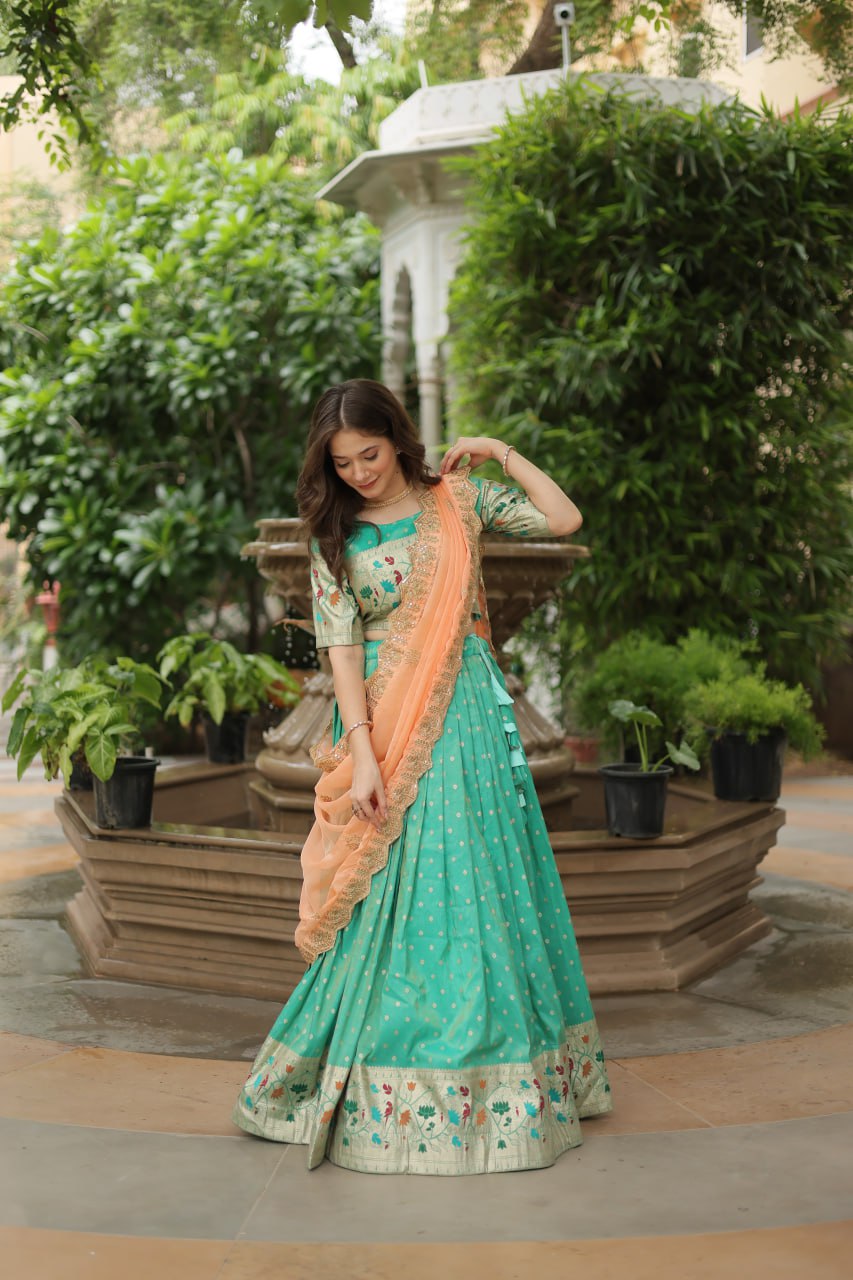 Pista Green Jequard Lehenga Choli with Russian Silk Embroidered Dupatta